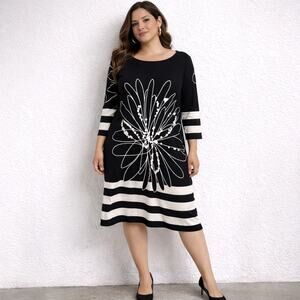 MT Collection Black White Floral Midi Dress 3 4 Sleeve Shift Dress Sz M